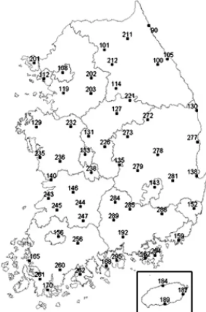 Fig. 1. Location of 60 weather stations where precipitation  data were observed in this study.