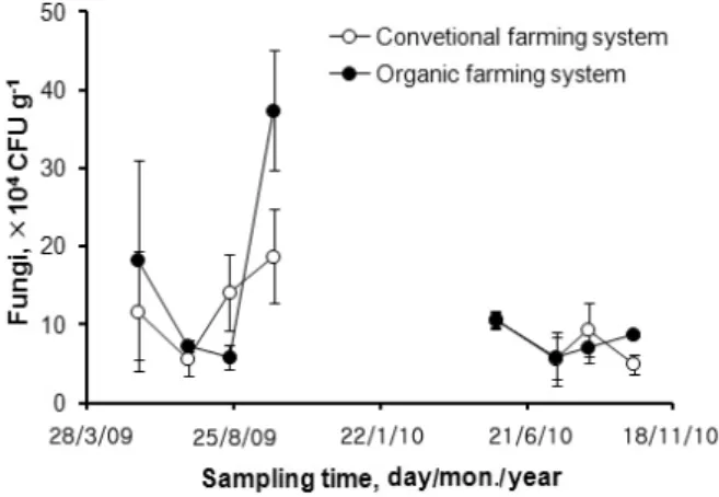 Fig. 3. Seasonal Bacillus spp. density changes in paddy  soils during rice plant growth stages