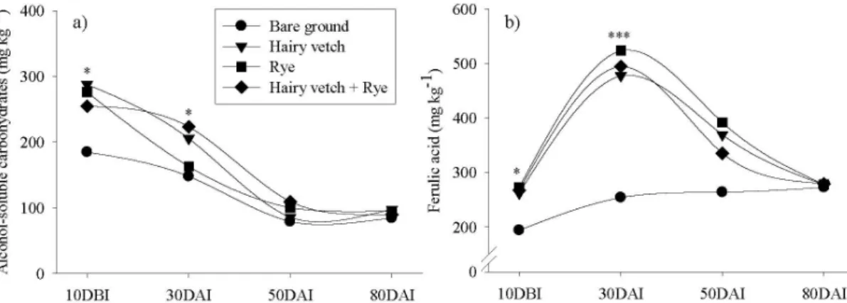 Fig. 2. Temporal changes in alcohol-soluble carbohydrates and total phenolics (expressed as an equivalent of ferulic acid) of the  soil incorporated with hairy vetch, rye and hairy vetch + rye (1 : 1)