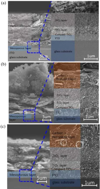 Fig. 4. Cross-sectional SEM images of the (a) as-prepared, (b) hot- hot-plate treated, and (c) oven treated in PSCs.