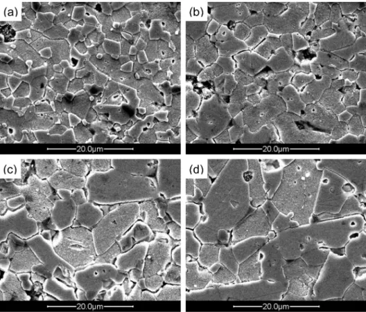 Fig. 1. SEM micrographs of the samples sintered at different temperatures: (a) 850 °C, (b) 875 °C, (c) 900 °C, and (d) 925°C.