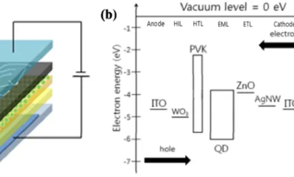 Fig. 1. (a) Structure and (b) energy level diagram of QD LED device.