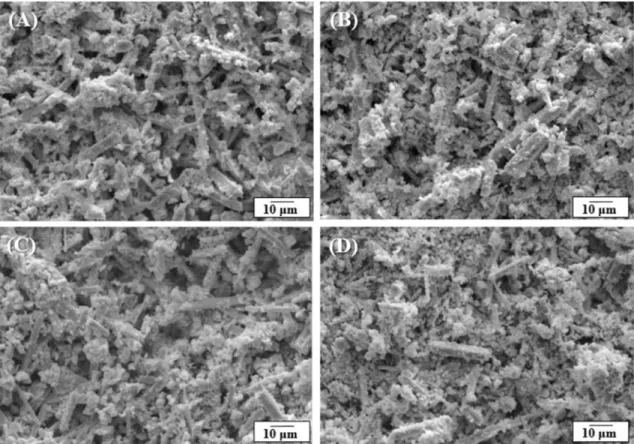 Fig. 4. SEM images of positive active material with increasing SPT content; (A) SPT 0.0 wt%, (B) SPT 0.5 wt%, (C) SPT 2.0 wt%, and (D) SPT 3.5 wt%.