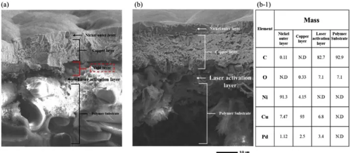 Fig. 8. Cross section of polymer (a) before and after laser irradiation in (b) CW mode and (c) PW mode.