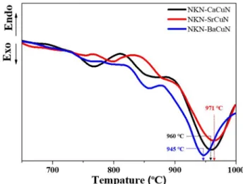 Fig. 5. DSC results of NKN-MCuN (M = Ca, Sr, Ba) powders.
