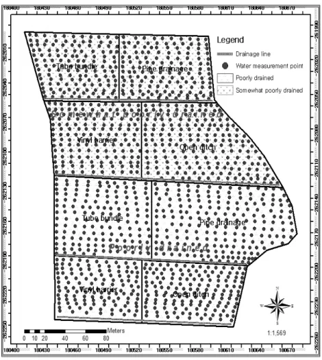 Fig. 2. Map of the measuring point of surface water content with TDR. 수 (속도랑 배수)는 폭 50 cm 깊이는 상류부 60 cm, 하 류부 90 cm로 굴삭하고 20 cm 직경의 유공흡수관을 매 설하고  흡수거는  상류로부터  침출수를  최대한  흡수하기  위해 소수재 (자갈층)를 논 면의 15∼20 cm 깊이까지 충 전하였다
