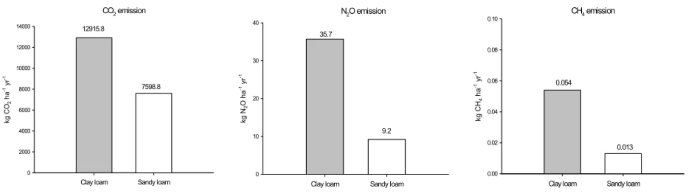Fig. 2. Amount of CO 2 , CH 4  and N 2 O emitted in clay and sandy loam soils.