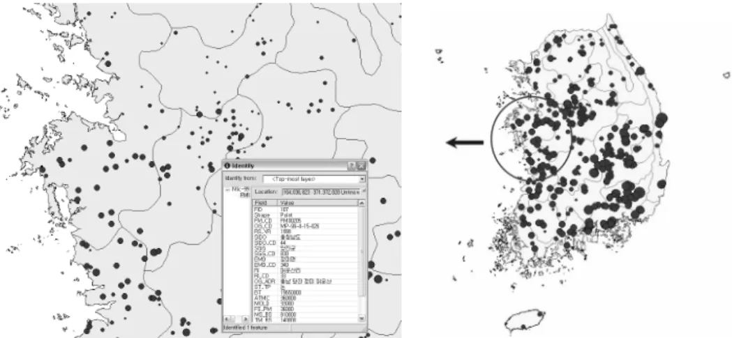 Fig. 2. Magnified area and attribute information (Data used: microbial biomass of rice paddy soils on ’99).