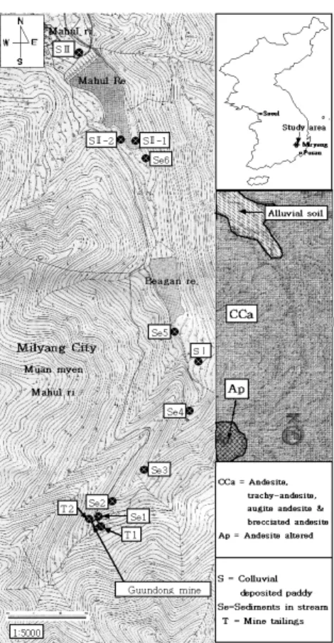 Fig. 1. Map of geology and sampling site in area studied.토양  등에  대한  중금속  오염정도  파악,  오염경로  및  확산 범위  그리고  존재형태  등을  규명하는데  주력하여  왔다