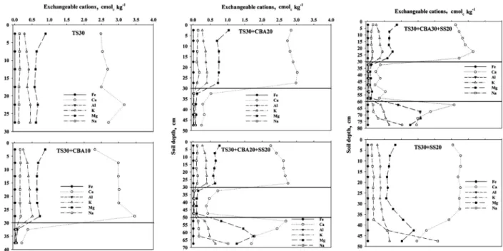 Fig. 5. Soil cations in single- and multi-layered soil columns through the soil depth after elution experiment