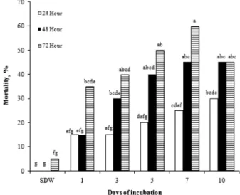 Fig. 3. Change in mortality of P. xylostella instar  treated with different concentration of 4-hydroxyphenylacetic  acid at 26℃  for 24, 48 and 72 hours, respectively