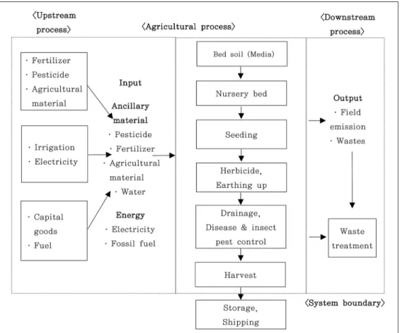 Fig. 1. System boundary (cradle to gate) for production of potato.어  있다.  2007  농산물  소득자료에  의하면  감자의  생산규모는 재배면적 26,271 ha, 평균생산 2,106 kg 10a-1, 총생산  553  ton이다  (RDA,  2008)