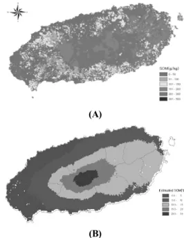 Fig. 4. Measured and estimated soil organic matter  contents with 3 principal components in surface layer.