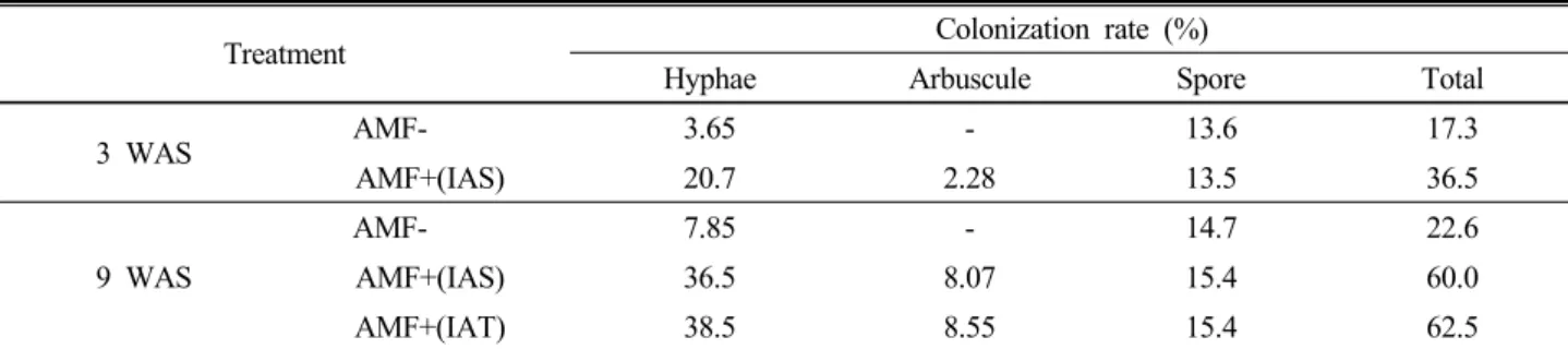 Table 4. AMF colonization rates in the roots of AMF+ and AMF- lettuce plants at 3 and 9 weeks after sowing.