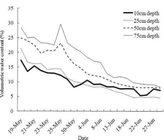 Fig. 5. Daily changes of volumetric water content at  different soil depth of lysimeter grown with barley.