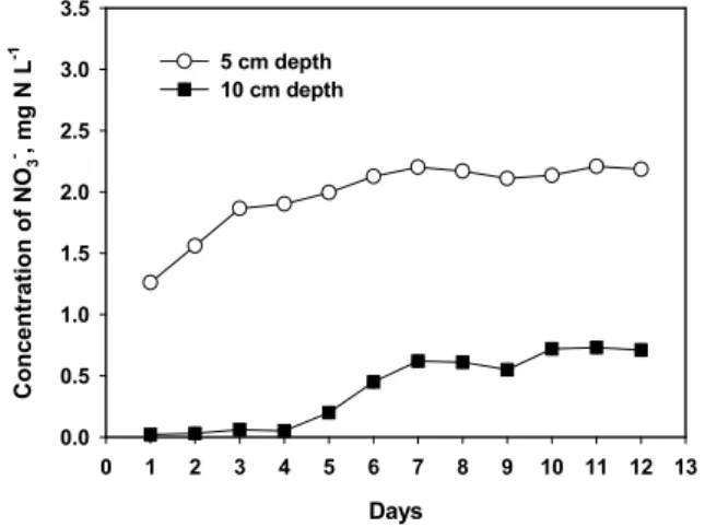 Fig. 4. Changes of redox potentials measured at 10 cm depth beneath the soil surface in the applications of irrigation water containing NO 3 