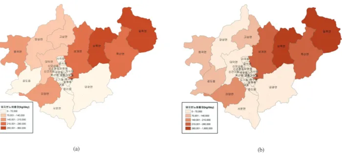 Fig. 4. Distribution waste water emissions from the public food waste processing facilities (a) and waste water emissions from the private food waste processing facilities (b) in 2007