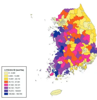 Fig. 6. Distribution of the rice straw amounts produced in each city-county unit in 2007