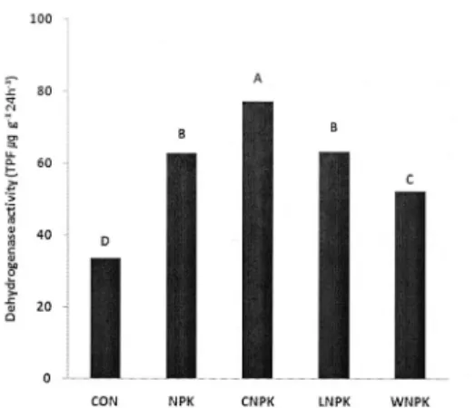 Fig. 4. Dehydrogenase activity in long-term rice paddy soils (ANOVA, SAS). Letters indicate significant difference between treatments at p<0.05 (n=3)