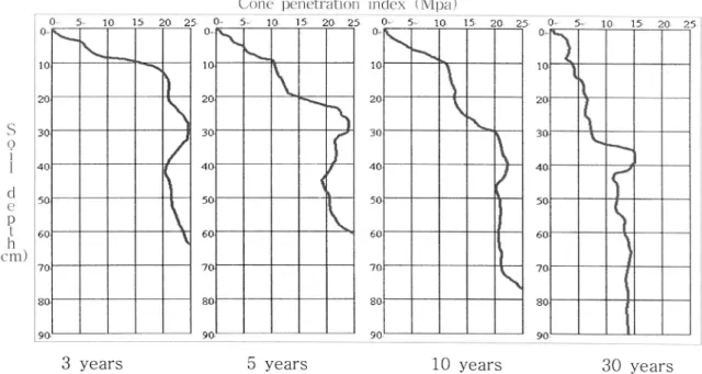 Fig. 3. Comparison of cone penetration index at different years of conversion from paddy to vineyard