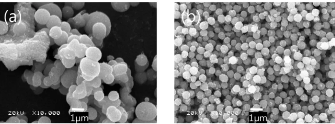 Fig. 3. Morphology of Ti-precursor synthesized with addition of HPC (60 minutes reaction at 50 o C, heat treatment : 600 o C) (a) no HPC addition and (b) HPC addition.