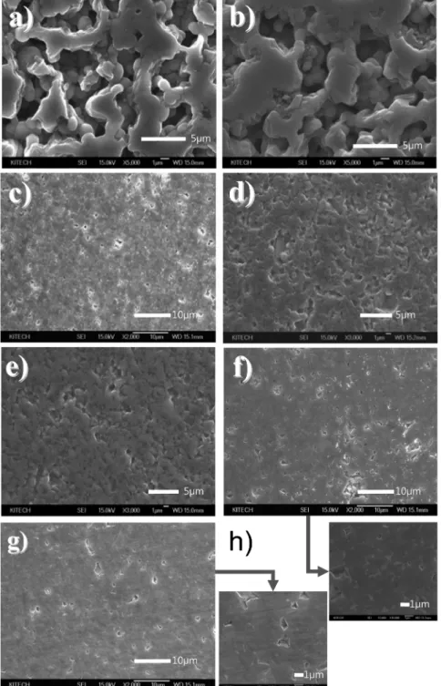 Fig. 7. SEM images of sintered α-SiC with and without additive powder at various sintering temperatures