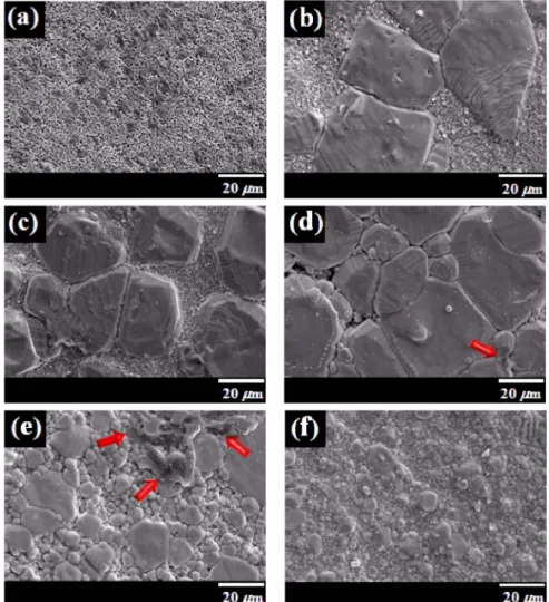 Fig. 3. Surface SEM images of the BBNT-NT001 ceramics sintered at various temperatures for 4 h: (a) 1200 o C, (b) 1250 o C, (c) 1300 o C, (d) 1325 o C, (e) 1350 o C and BBNT ceramics sintered at (f) 1325 o C.