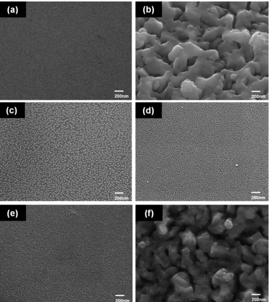 Fig. 2. The SEM images of (a) as-deposited Sn thin film (100 nm) on planar substrate by DC magnetron sputtering method, (b) SnO 2 oxidized at 400 o C, (c), (d), (e) Co 3 O 4  thin films prepared from different precursor solutions: 1.0 g PEI/ 0.1 g salt, 4.