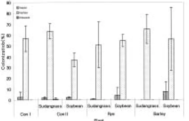Fig. 1. Changes of AMF spore density at soil during the growing stage of winter crops (vertical line is standard error).