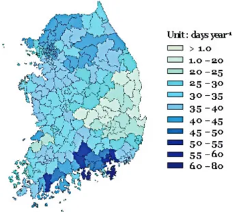 Fig. 2. The map of flood periods estimated by using interpolation in Korea