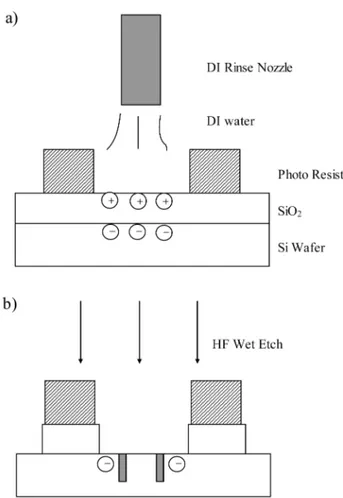 Fig. 5. Si pits formation mechanism: (a) charging occurrence on develop process and (b) formation of Si pits during HF wet etching.