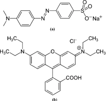 Fig. 1. The structures of MO (a) and Rh. B (b).