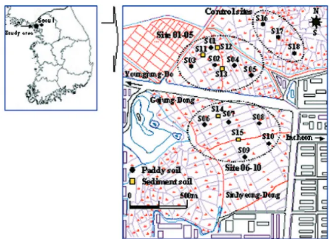Fig. 1. Sampling sites of paddy, sediment, and control soils in the studied areas in 2003.