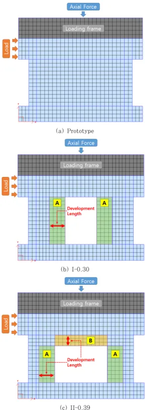 Fig. 3 Modeling of RC walls w/o or w/ opening2012).  하지만  철근콘크리트  전단벽에서  개구부를  후설치할 경우 개구부 주변 콘크리트의 손상 및 개구부 주변 철근들에 대해 정착이 확보되지 않을 가능성이 있다