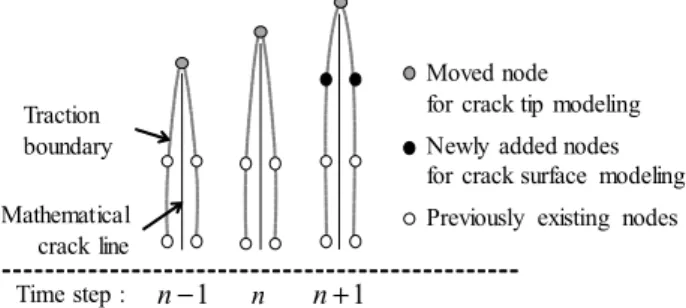 Fig. 1 Crack growth modeling using nodal operation 식  (15)에서  보듯이  속도와  가속도를  변위로  치환하는 과정에서  미분연산자 과 가  시간단계에  따라  구분되었다