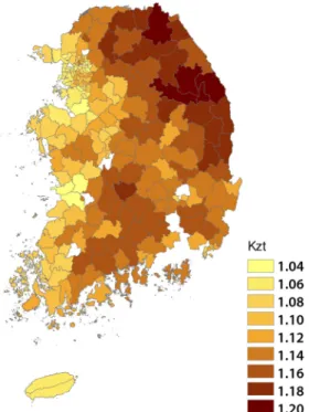 Table 8 Basic wind speed and regional topographical factor반영하는 계수이며, 는 점점으로부터 대상지점까지의 수평거리, ′은 또는  0.3  중  작은  값,  는  높이 에서의  난류강도, 는  바람이  불어오는  방향의  평균경사  즉,  풍상측의  평균 경사를  의미한다