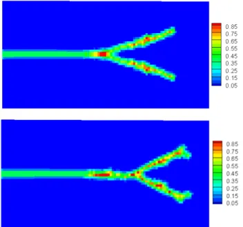 Fig. 8 Crack propagation before(Top) and after(Bottom)  Optimization Fig.  8에서  확인할  수  있듯이  원래의  분기가  일어나는  A 점보다 분기의 위치가  더 뒤로 이동한 것을 확인할 수  있다