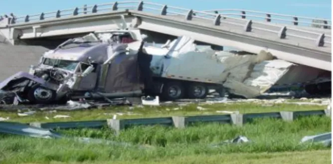 Fig. 1 Bridge collapse due to a truck collision(NDOR) 네브라스카  주  I-80  고속도로에서  발생하였던  교량붕괴사건 (2003)이다(Fig