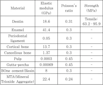 Table 1 Material properties for the finite element model관없이 미세누출이 감소함을 보고하였다(Edmunds, 1989; Mattison, 1985)