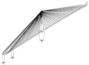 Fig. 6 Analysis modeling of Incheon bridge케이블  배치는  주탑과  거더의  처짐을  제어하기  유리한 