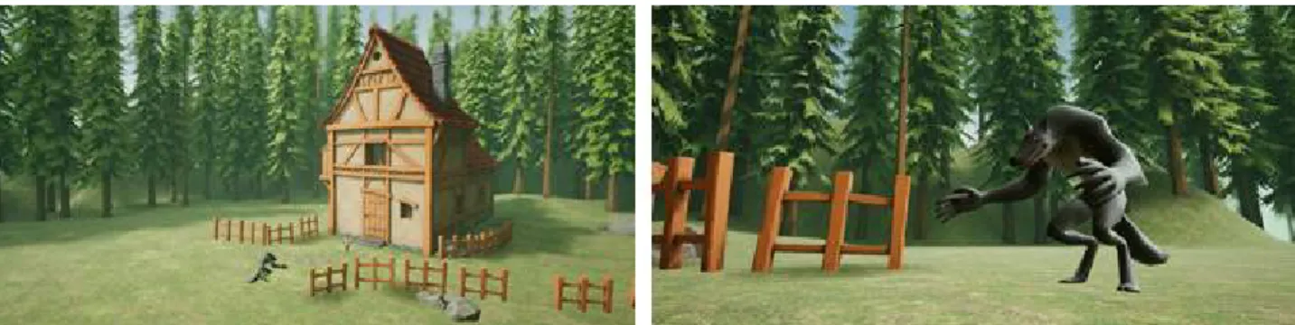 Fig.  3.  Screenshot  Examples  of  Little  Red  Riding  Hood  Interactive  Story  in  VR  Implementation