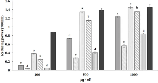 Fig. 1. Reducing power of extraction and fractions from C. wilsonii Nakai leaf. AA; ascorbic acid
