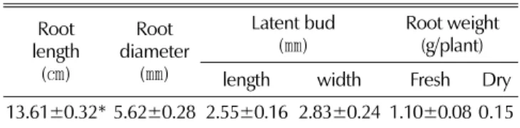 Table 1. Growth average of 100 ginseng seedlings used for the experiment. Root length (㎝) Root  diameter(㎜) Latent bud(㎜) Root weight(g/plant) length width Fresh Dry 13.61±0.32* 5.62±0.28 2.55±0.16 2.83±0.24 1.10±0.08 0.15