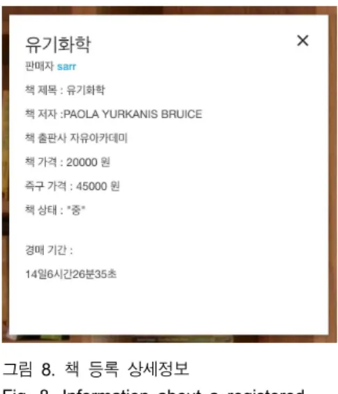 Fig.  8.  Information  about  a  registered  book  책을  등록한  사람이  경매의  기능을  악용하여  자신의  책  가격을  올리는  것을  방지하기  위하여  입찰  버튼을  비활성화  시키는 기능을 (그림 9)와 같이 구현하였다