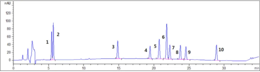 Fig.  1. HPLC profiles of ginsenosides. 1; ginsenoside Re, 2; ginsenoside Rg1, 3; ginsenoside Rf, 4;