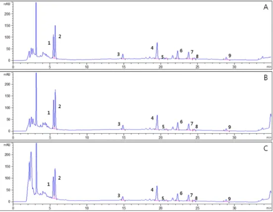 Fig.  2. HPLC profiles of ginsenosides from  white ginseng 1 by different extraction. A; method A extraction, B; method B extraction, C; method C extraction