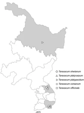 Fig. 1. Population and locations of 104 Taraxacum accessions used in this study.