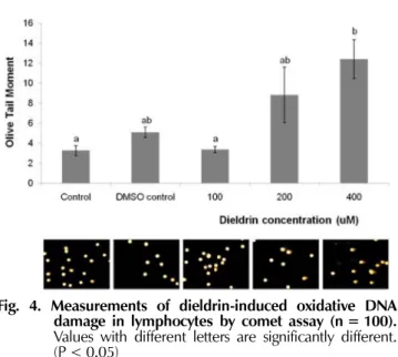 Fig. 4. Measurements of dieldrin-induced oxidative DNA damage in lymphocytes by comet assay (n = 100).