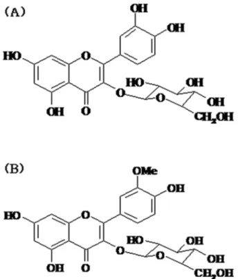 Fig. 2. Chemical structure of compounds 1, 2 from H.  rham- rham-noides  leaves.  (A) Compound 1: quercetin 3- O  -glucoside