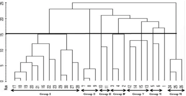 Fig. 3.  Dendrogram illustrating genetic relationships among 30 accessions generated by cluster analysis with average linkage method